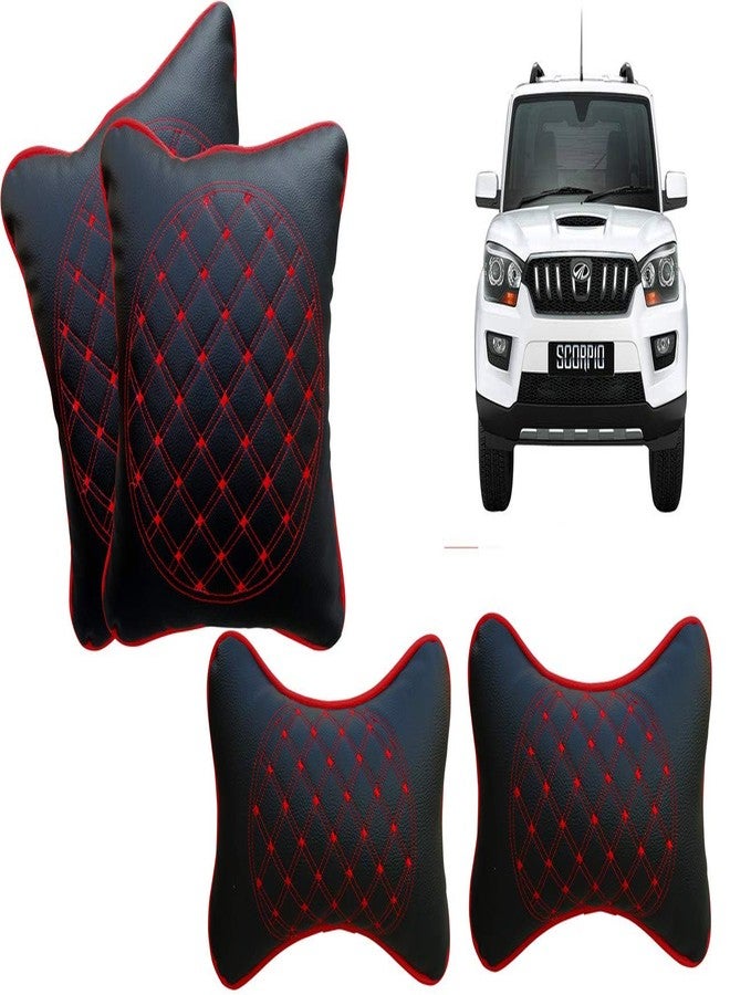 Selifaur Black and Red Double Quilted Car Cushion and Neck Rest Pillow Set of 4 for Scorpio New - Image 1